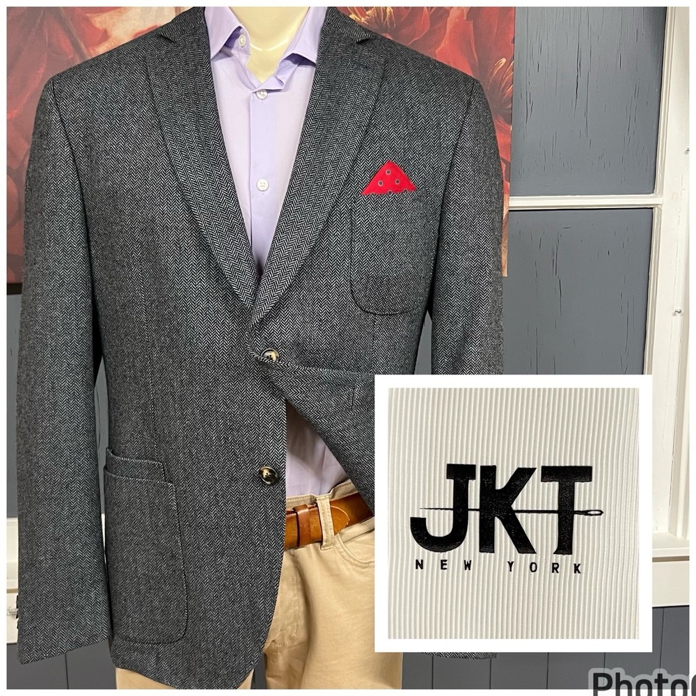 JKT New York Soft Tweed Blazer Mens 44R‎ Classic Fit Wool Blend Herringbone Gray